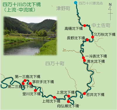 四万十川 上流 中流 の沈下橋